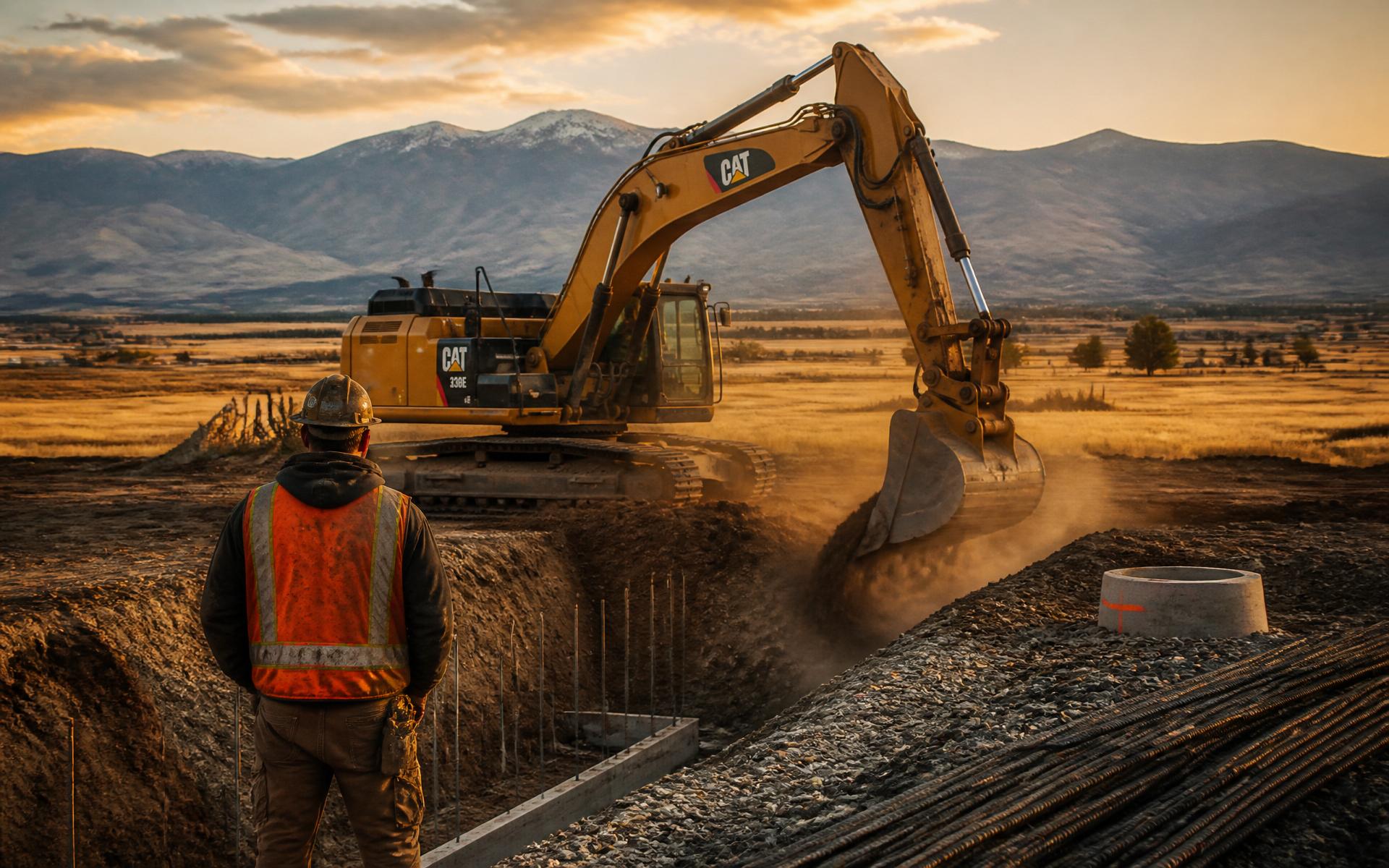 Excavator digging a foundation trench on a rural Eastern Oregon jobsite at golden hour